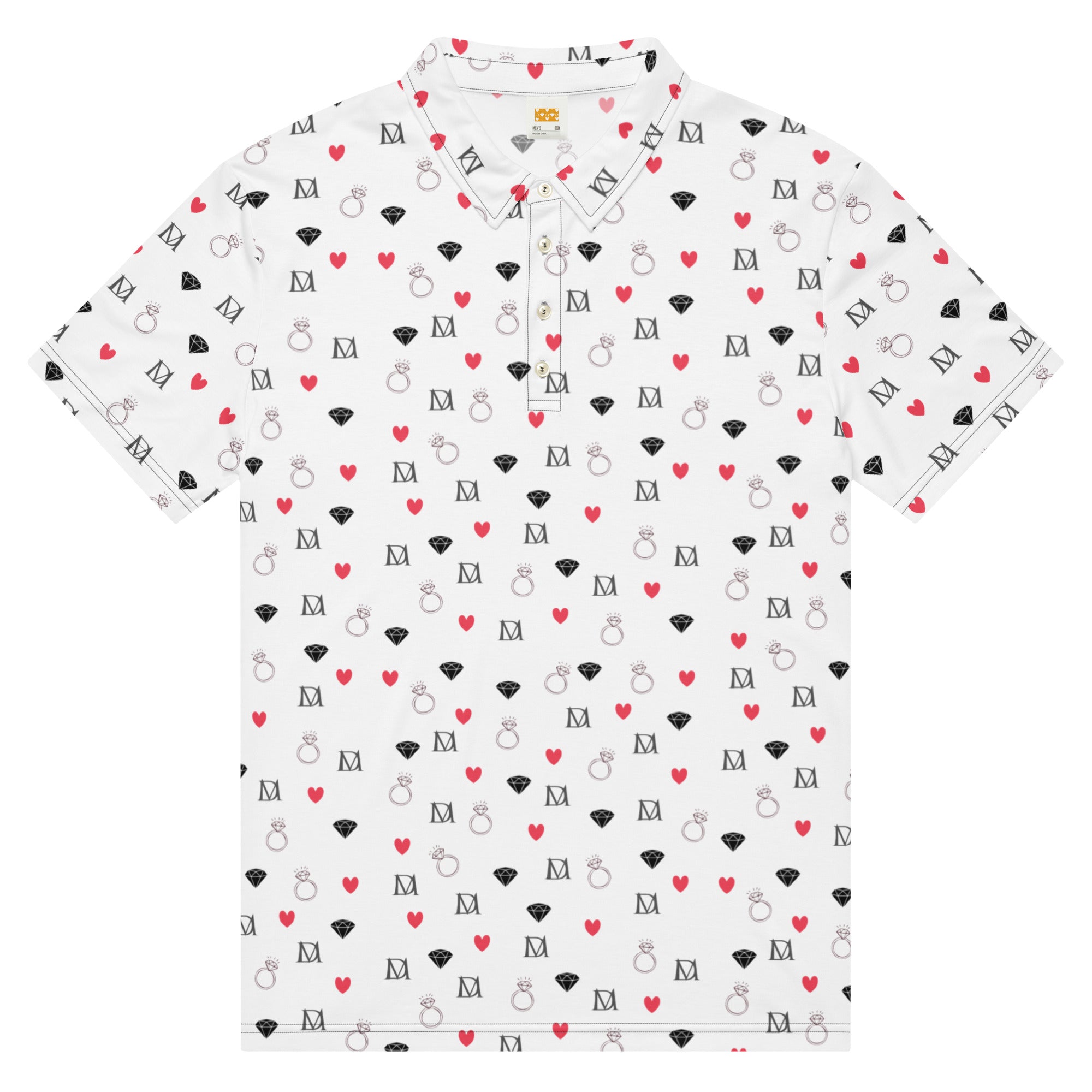 Daemon Luxury Speckled Diamonds Artica Blizzard men's slim-fit black polo shirt with all-over diamond print on the front.