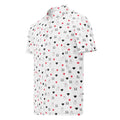 Men's slim-fit polo shirt featuring speckled diamond pattern in black by Daemon Luxury, shown from left front view.