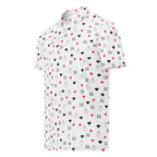 Men's slim-fit polo shirt featuring speckled diamond pattern in black by Daemon Luxury, shown from left front view.