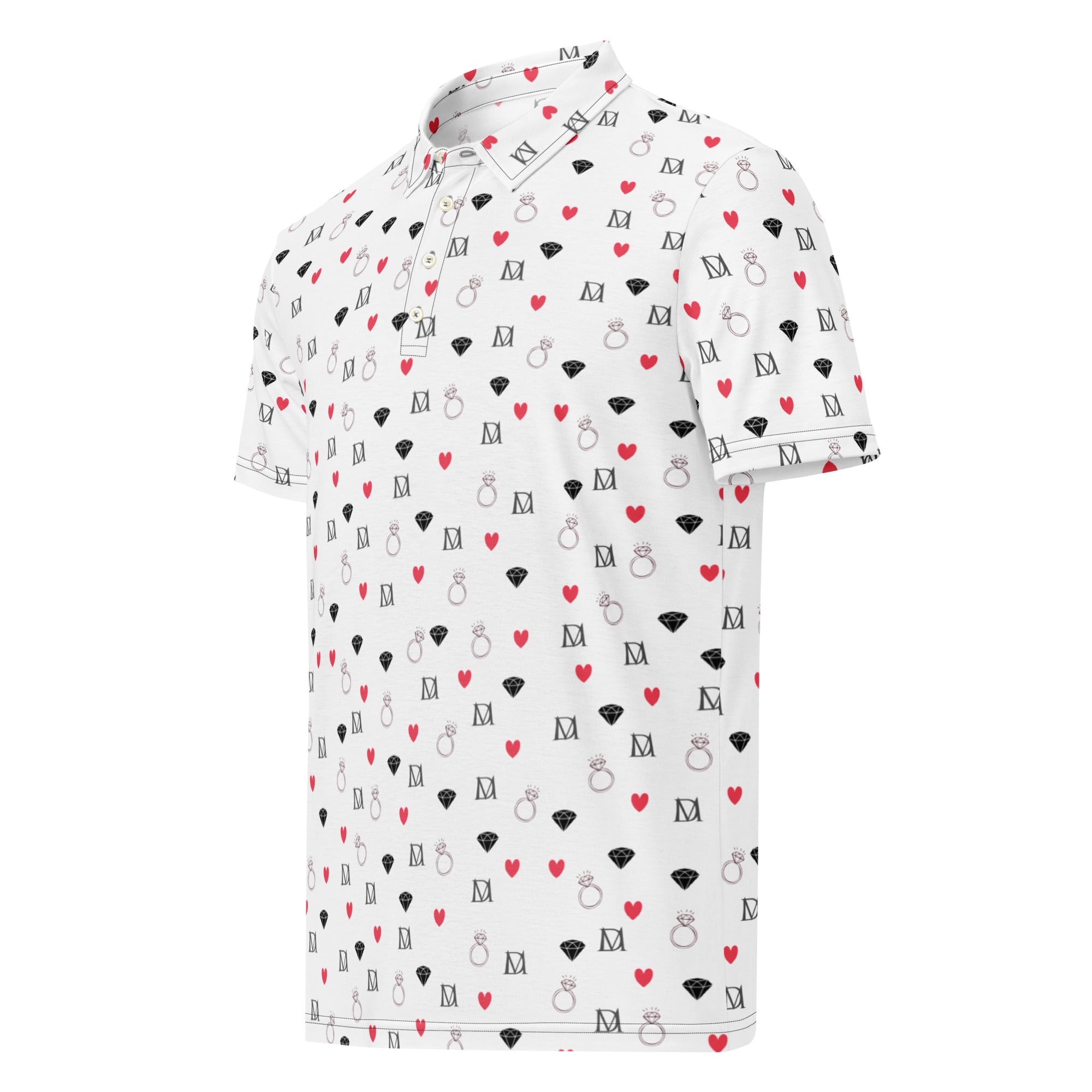 Men's slim-fit polo shirt featuring speckled diamond pattern in black by Daemon Luxury, shown from left front view.
