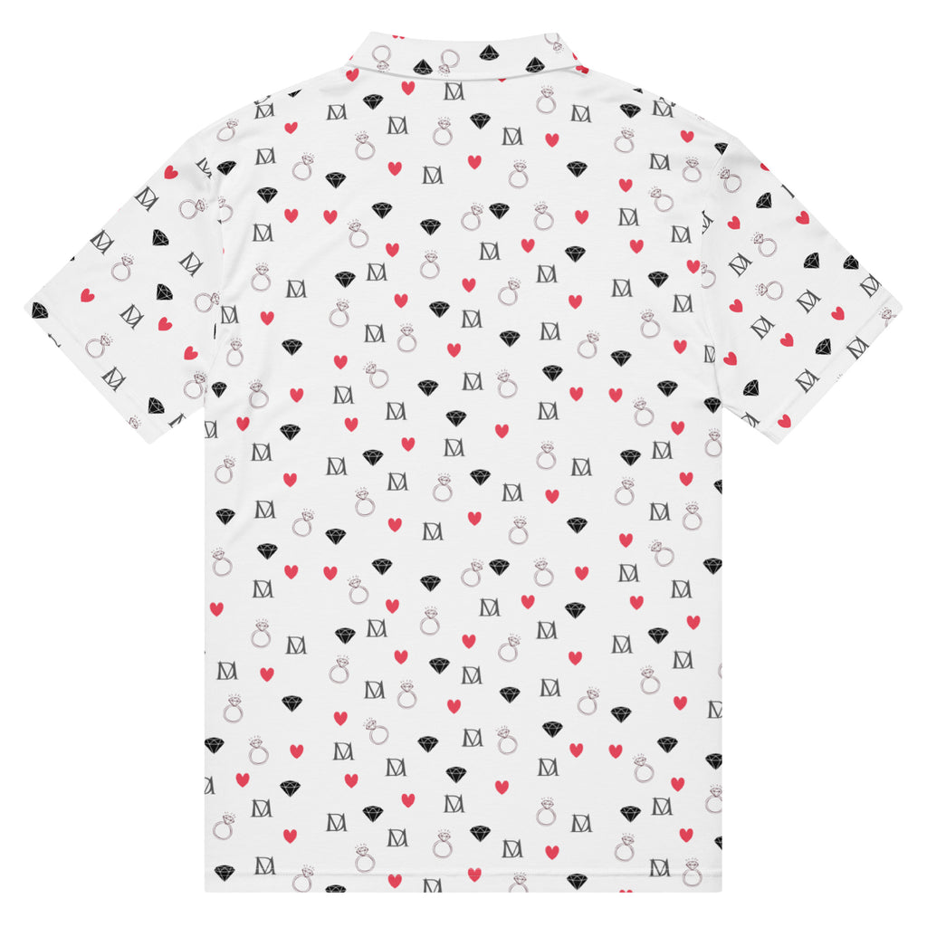 Men's slim-fit polo shirt with speckled diamond pattern in white, from Daemon Luxury's Artica Blizzard collection.