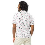 Men's slim-fit polo shirt by Daemon Luxury featuring a speckled diamond Artica Blizzard pattern on white fabric.