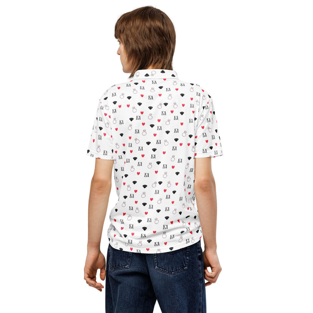 Men's slim-fit polo shirt featuring speckled diamond Artica Blizzard pattern by Daemon Luxury, shown from the back in white fabric.