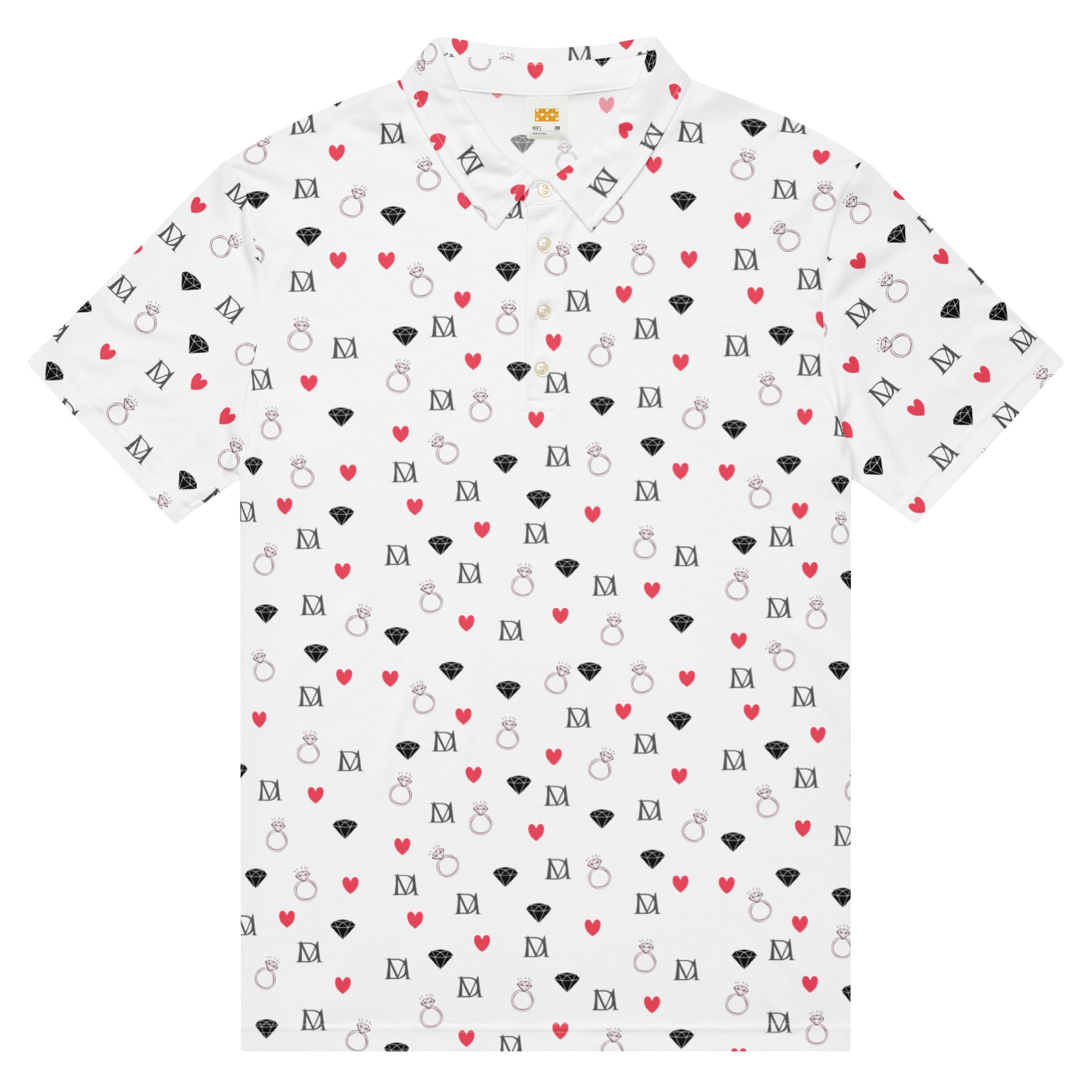 Men's slim-fit polo shirt with speckled diamond pattern in white, from Daemon Luxury's Artica Blizzard collection.