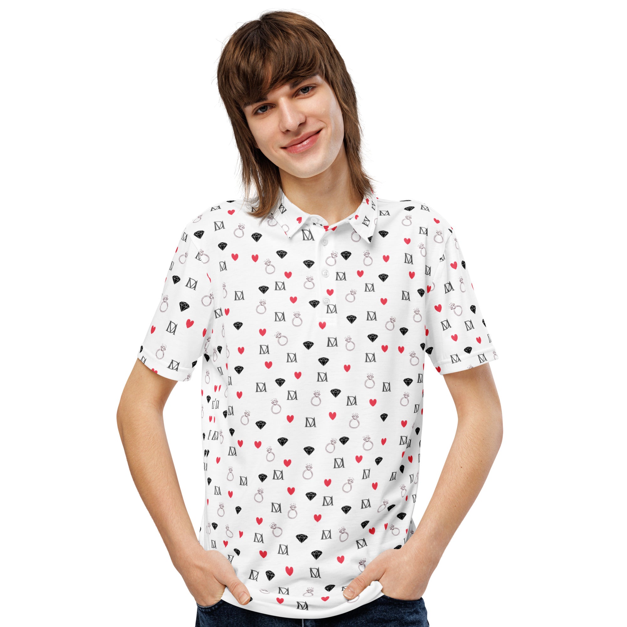 Mens slim-fit polo shirt by Daemon Luxury with speckled diamond Artica Blizzard print on a white background.