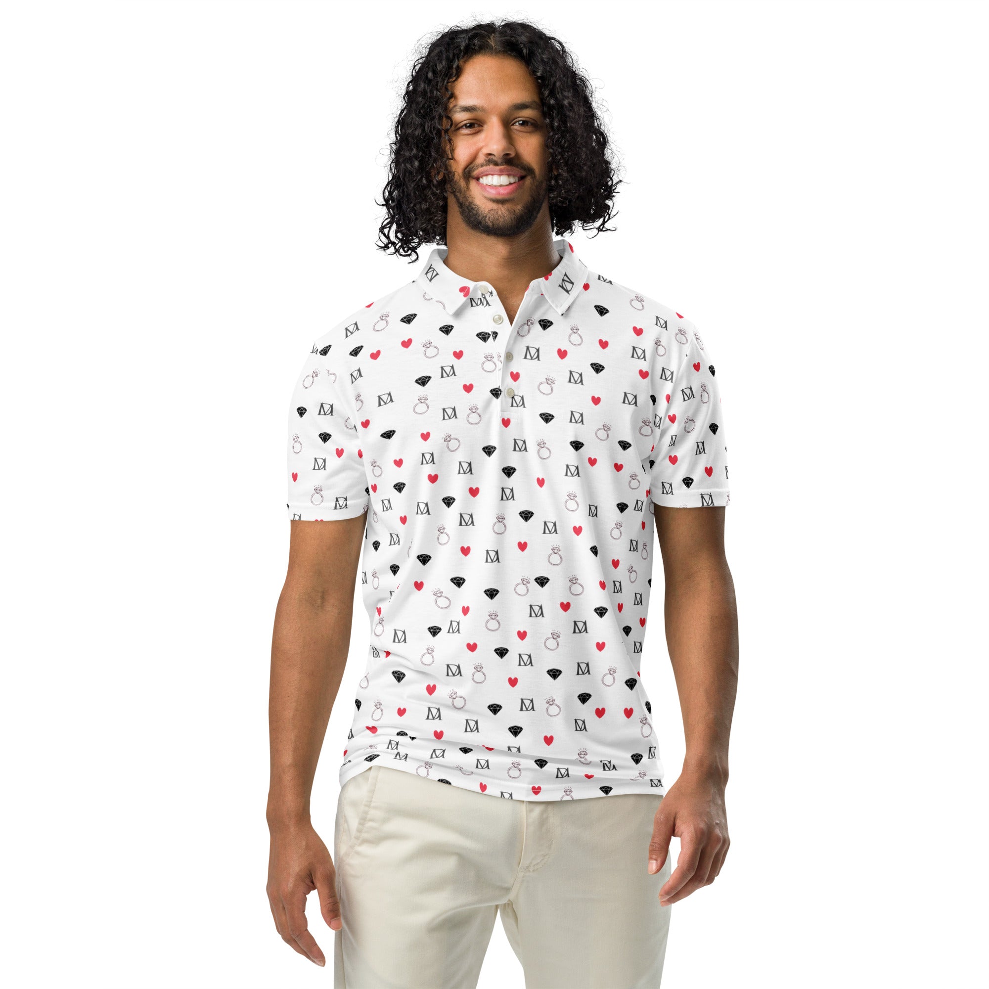 Men's slim-fit polo shirt featuring speckled diamond pattern in white by Daemon Luxury, front view.