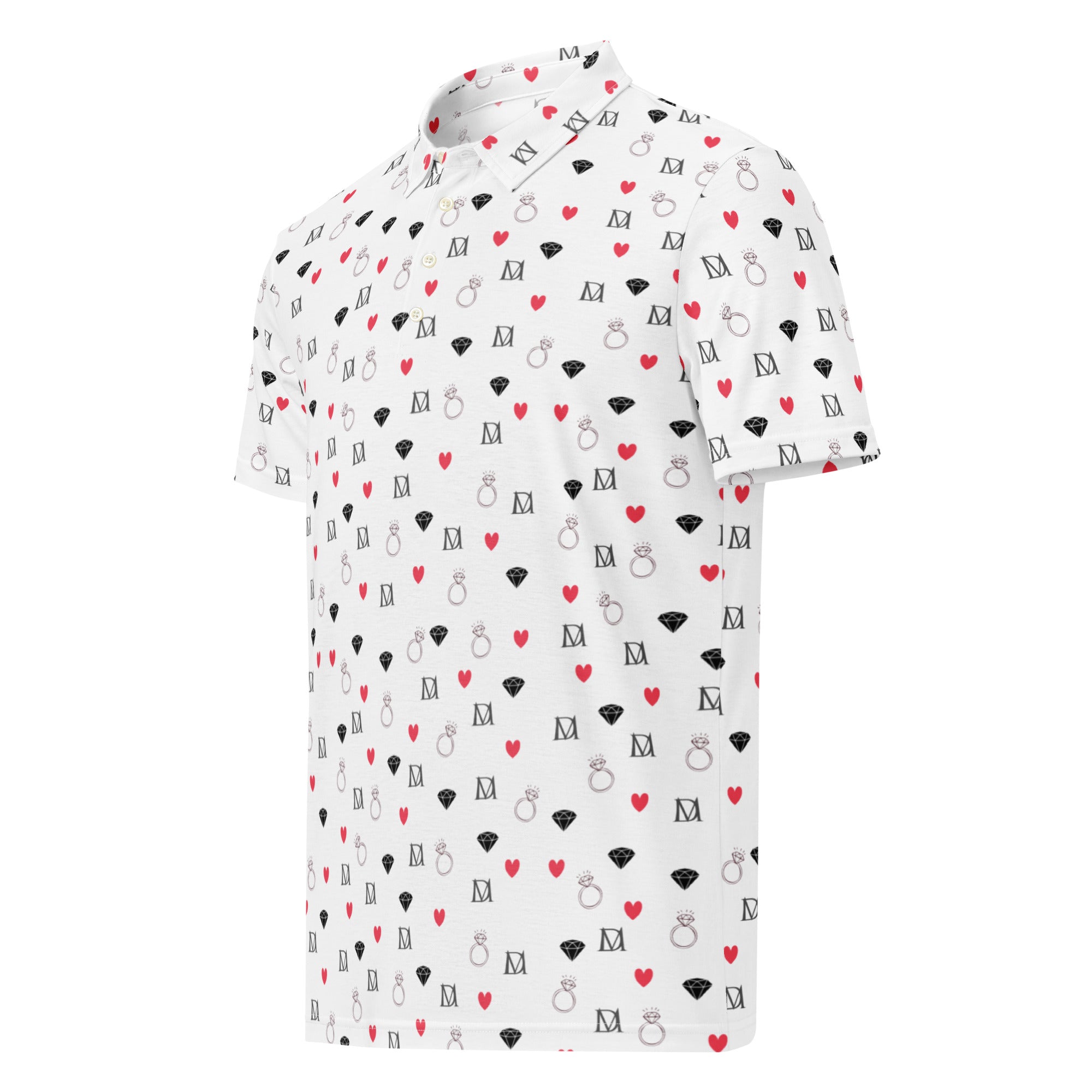 Daemon Luxury Speckled Diamonds Artica Blizzard men's slim-fit polo shirt with all-over white diamond pattern and subtle print detail.
