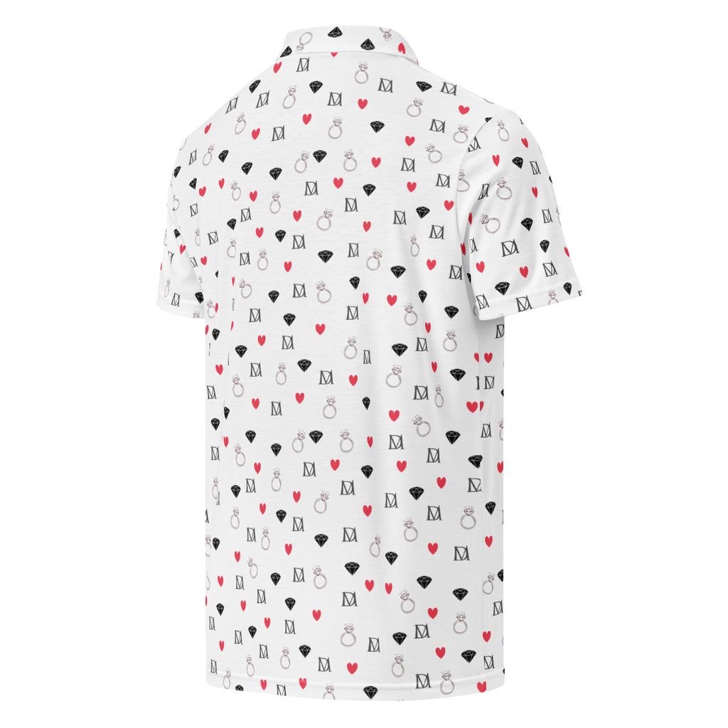 Men's all-over print slim-fit polo shirt by Daemon Luxury with speckled diamond pattern in white, shown from right back.