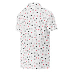 Men's all-over print slim-fit polo shirt by Daemon Luxury with speckled diamond pattern in white, shown from right back.