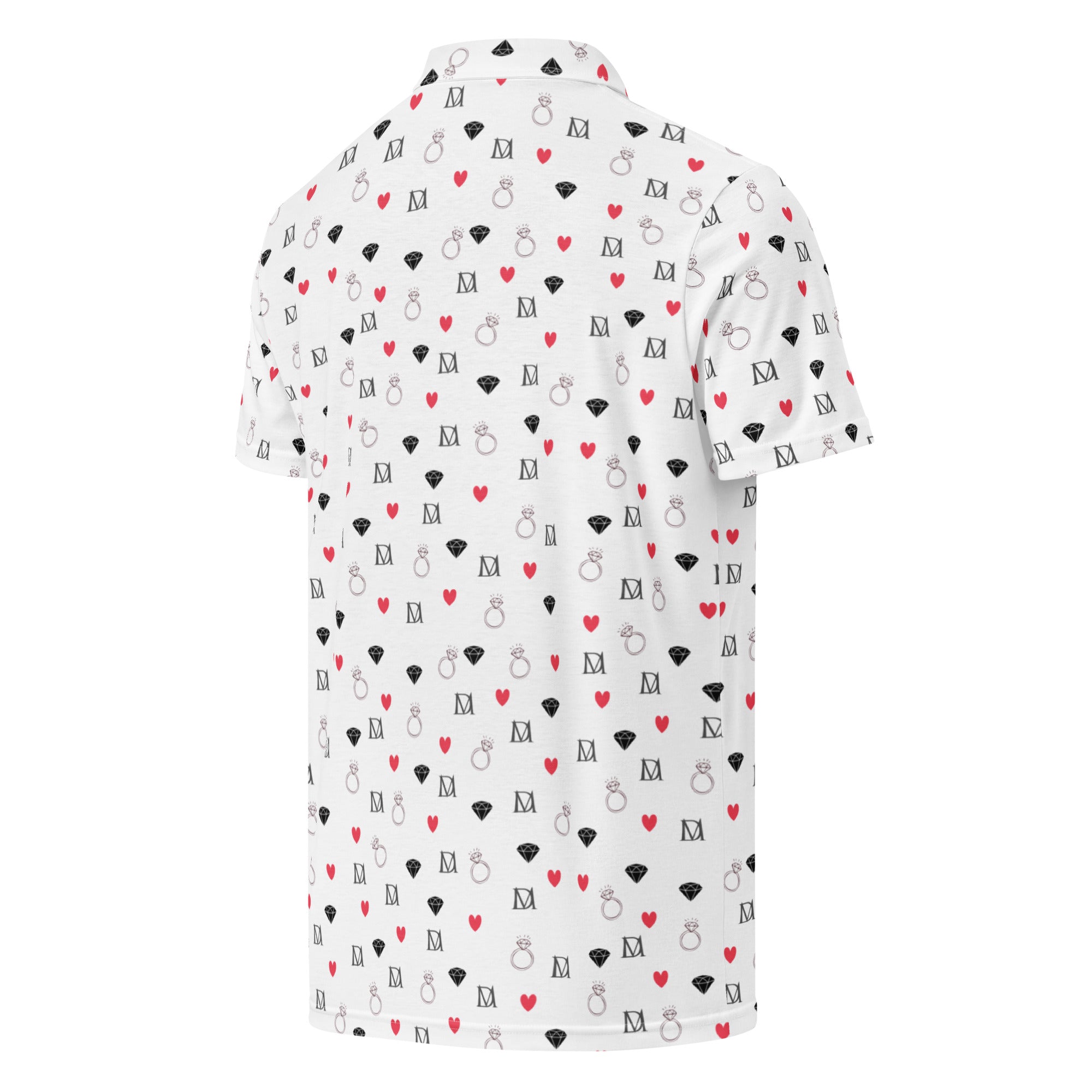 Men's all-over print slim-fit polo shirt by Daemon Luxury with speckled diamond pattern in white, shown from right back.