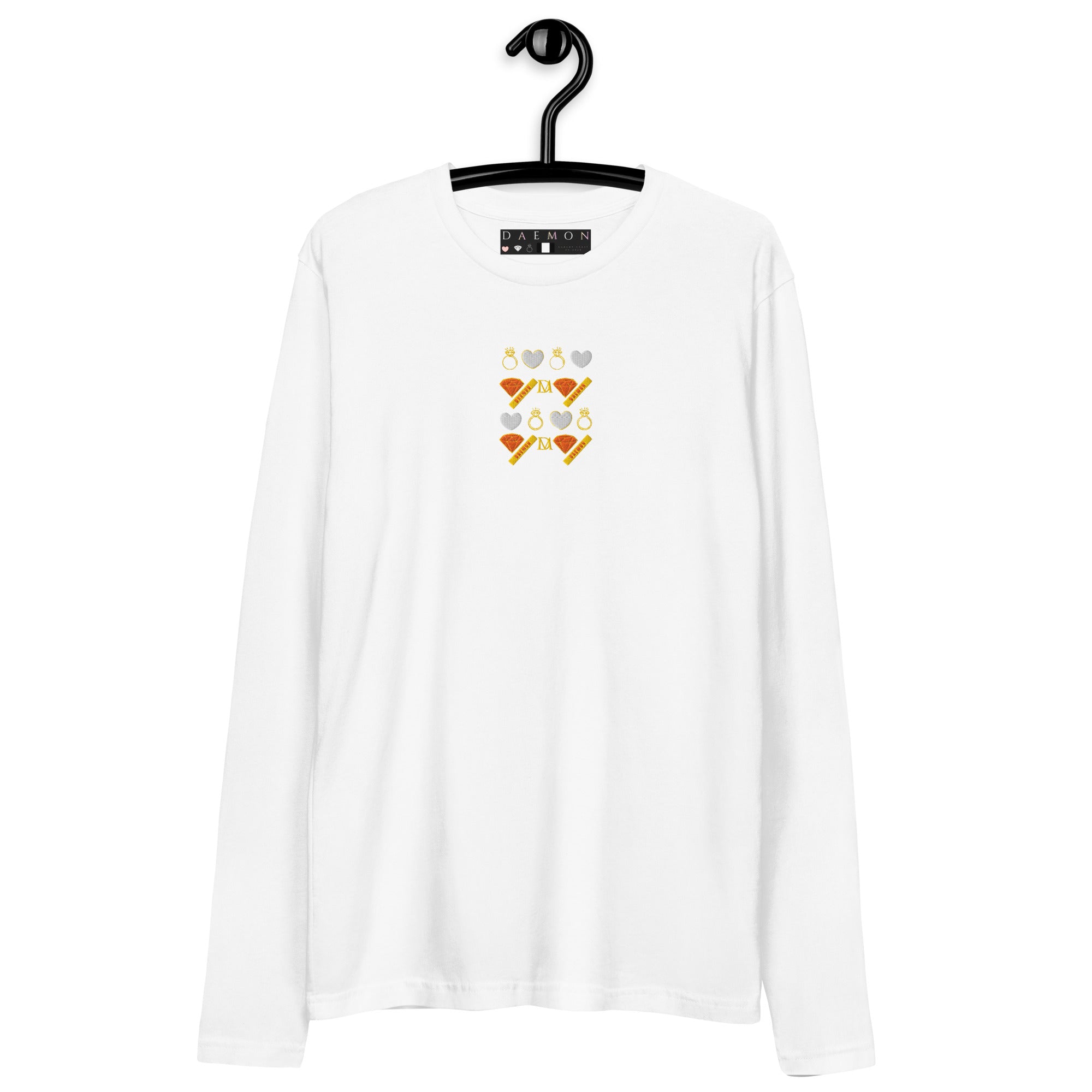 Men's fitted white long-sleeve shirt from Daemon's Gloomy Runners Lunar collection, featuring a clean, casual design.