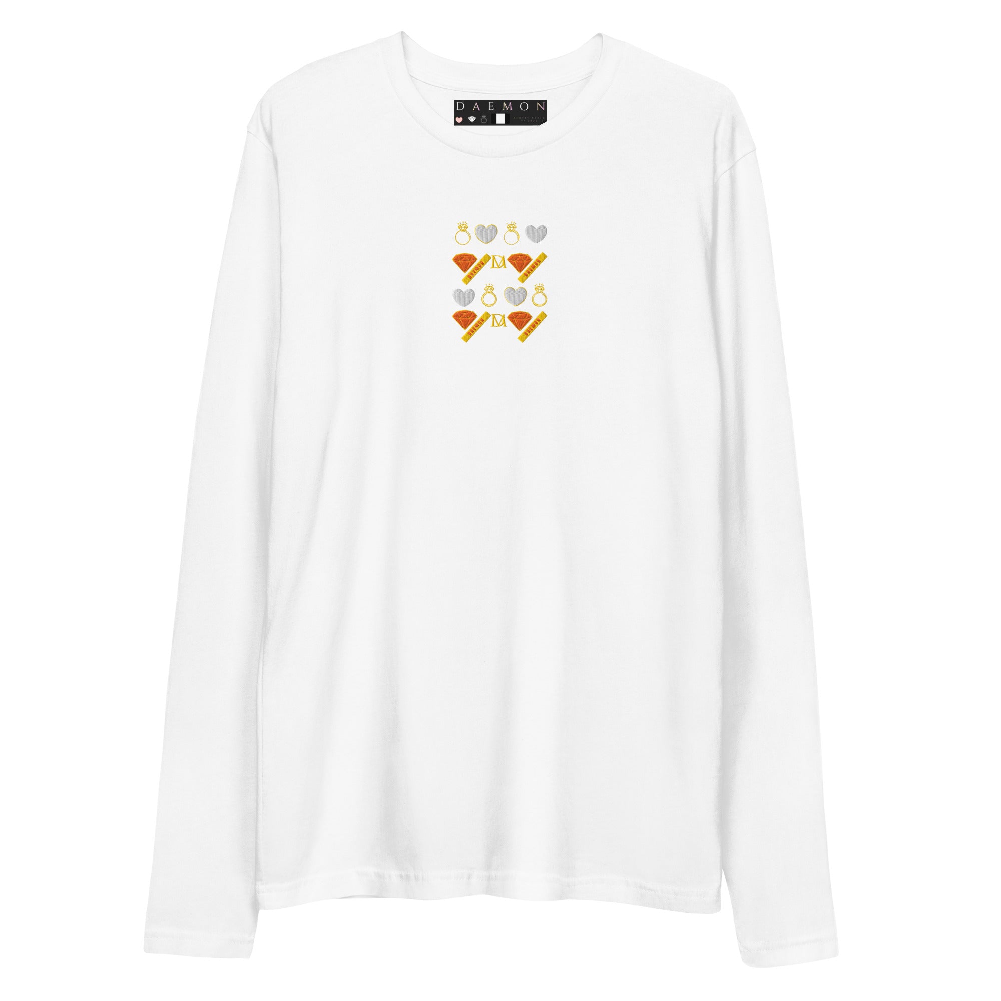 Daemon Gloomy Runners Lunar long-sleeve men's white shirt with a fitted design and front view.