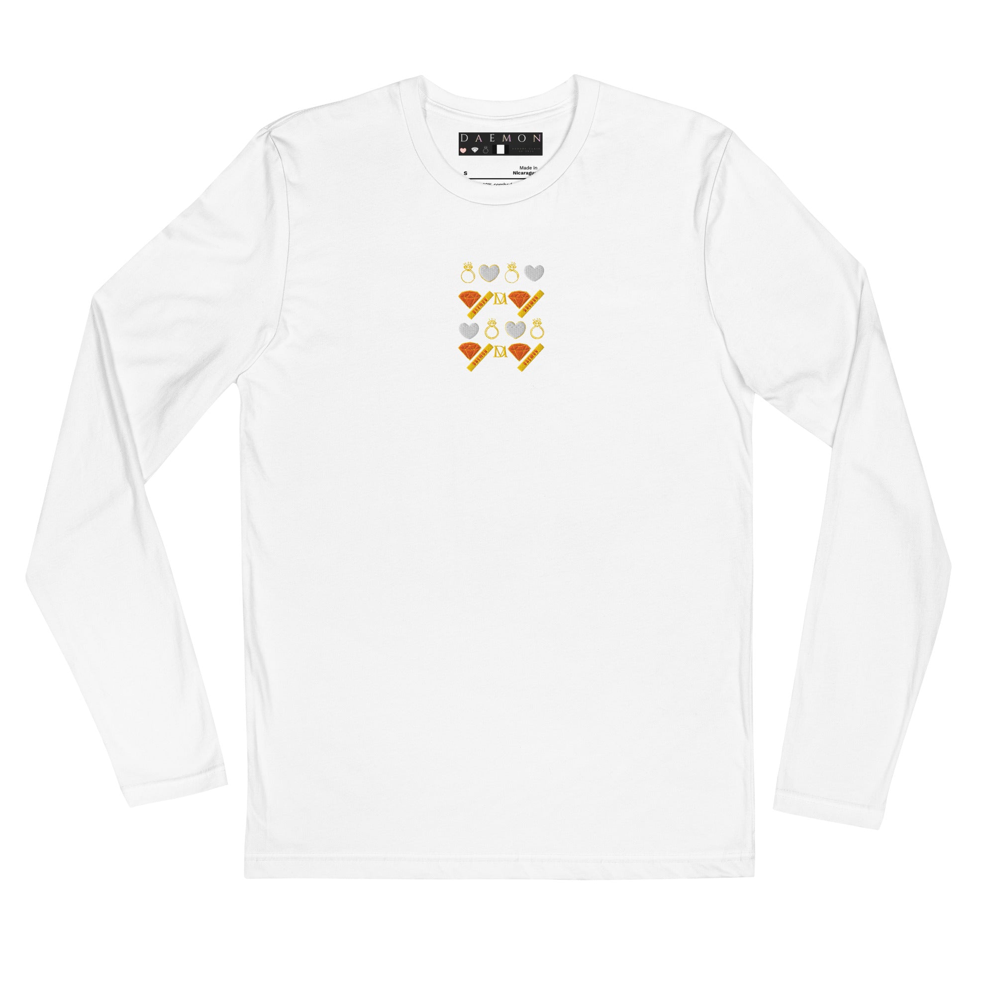 Daemon Gloomy Runners Lunar long-sleeve men's shirt in white, shown from the front with a fitted style.