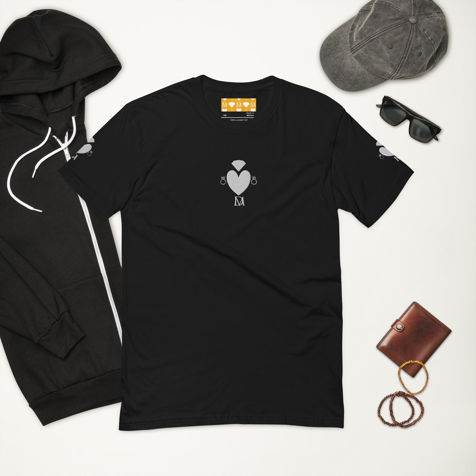 Black men's fitted T-shirt with "Florette Rebirth" and "Premio il Man" text, from Daemon Luxury, front view.