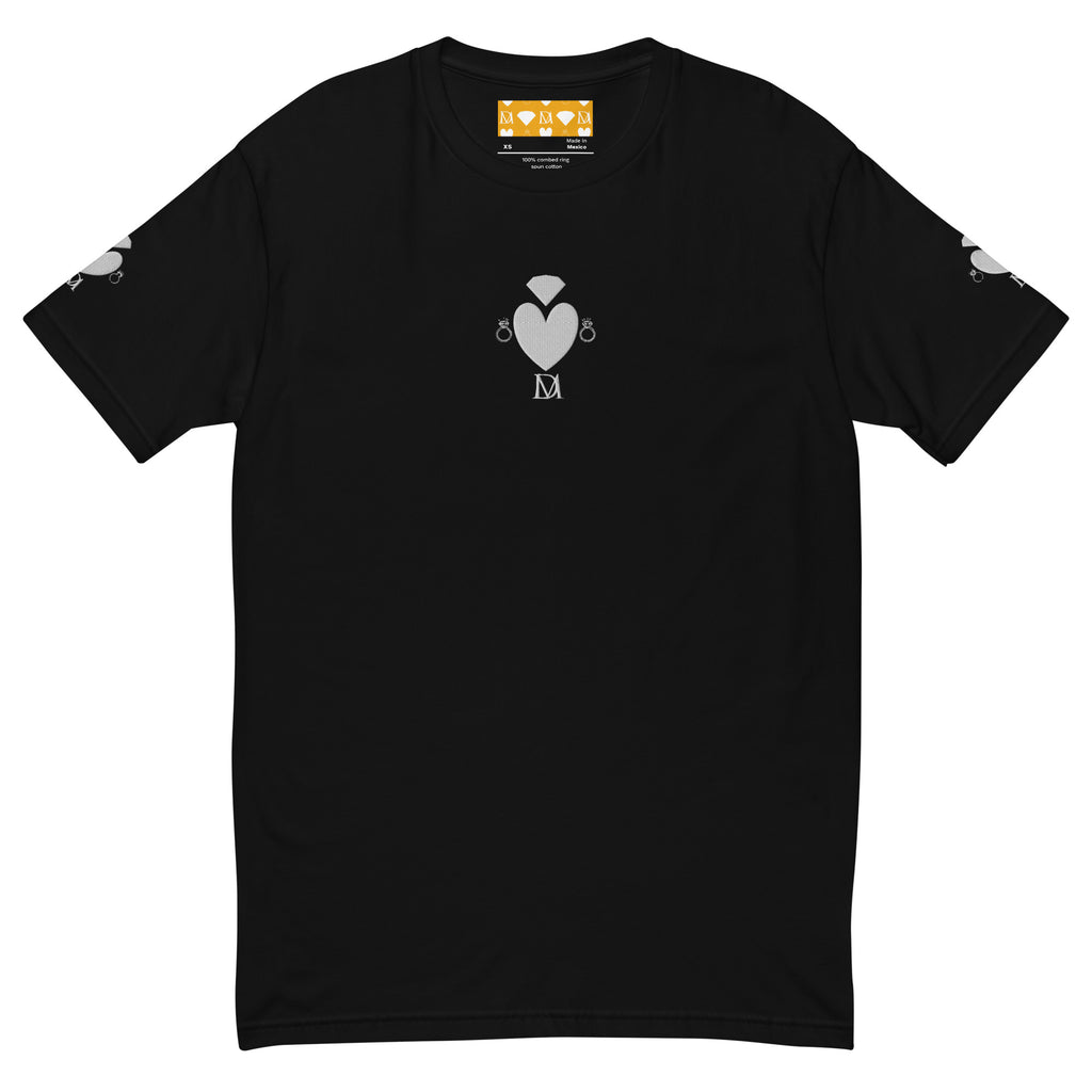 Black men's fitted T-shirt with "Florette Rebirth // Premio il Man" print by Daemon Luxury, front view.
