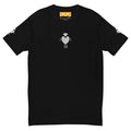 Black men's fitted T-shirt with "Florette Rebirth // Premio il Man" print by Daemon Luxury, front view.