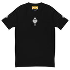 Black men's fitted T-shirt with "Florette Rebirth // Premio il Man" print by Daemon Luxury, front view.
