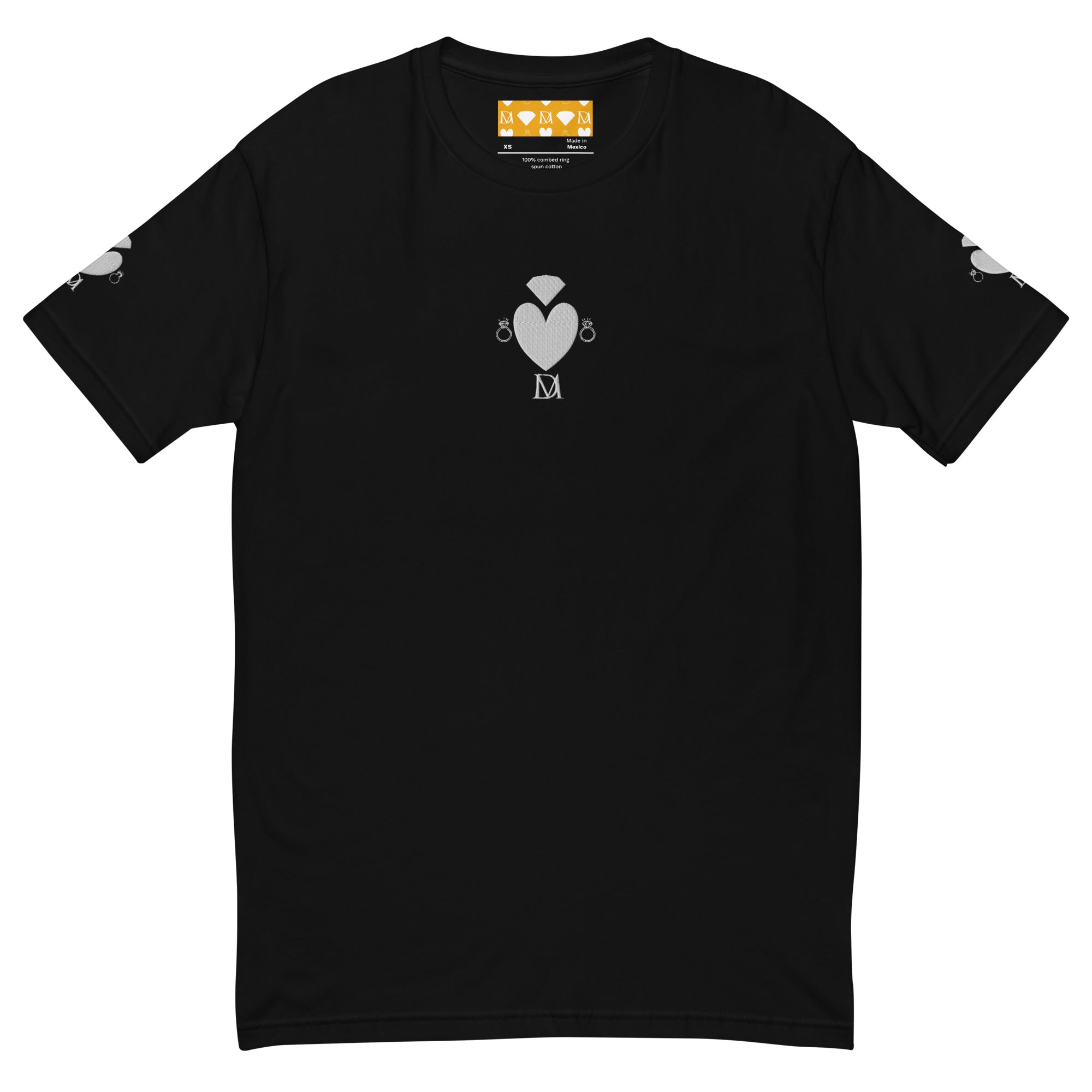 Black men's fitted T-shirt with "Florette Rebirth // Premio il Man" print by Daemon Luxury, front view.