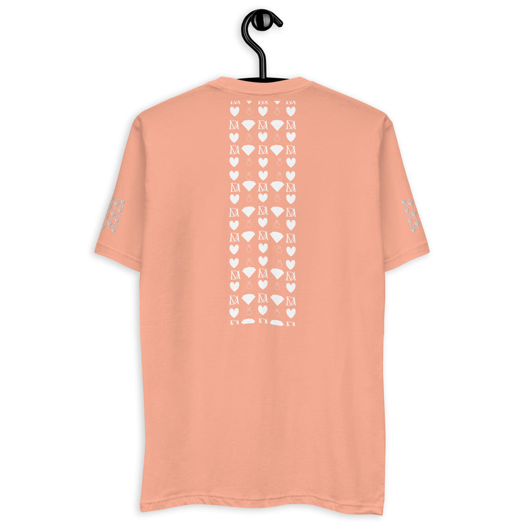 Men's fitted T-shirt in desert pink with frosted diamond royalty design by Daemon Luxury, shown from the back.