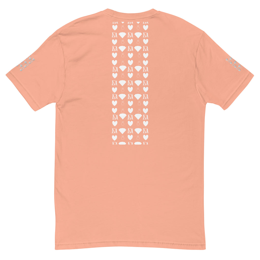 Men's fitted T-shirt in desert pink with frosted diamond royalty graphic by Daemon Luxury, shown from the back.