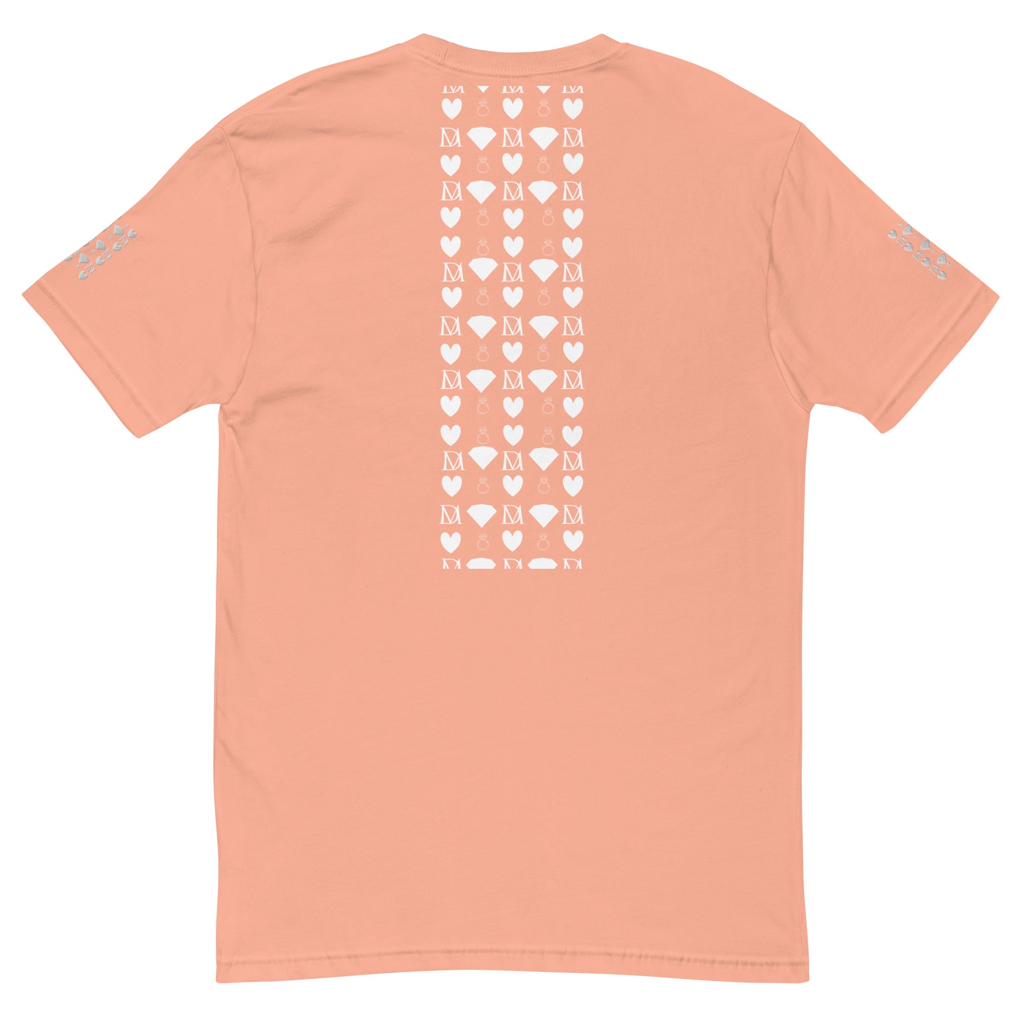 Men's fitted T-shirt in desert pink with frosted diamond royalty graphic by Daemon Luxury, shown from the back.