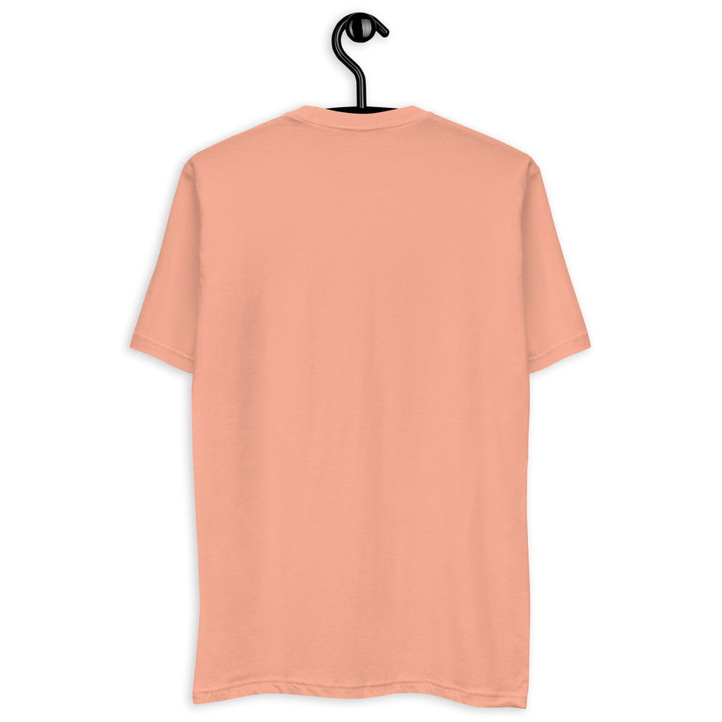 Men's fitted T-shirt in desert pink with Honeybee California Sunset Seed design by Daemon Luxury, shown from the back.