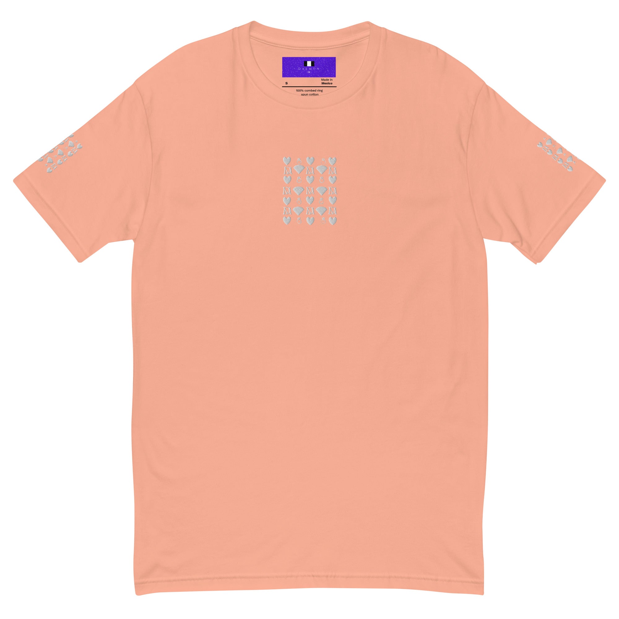 Men's fitted T-shirt by Daemon Luxury in desert pink with frosted diamond royalty graphic on the front.