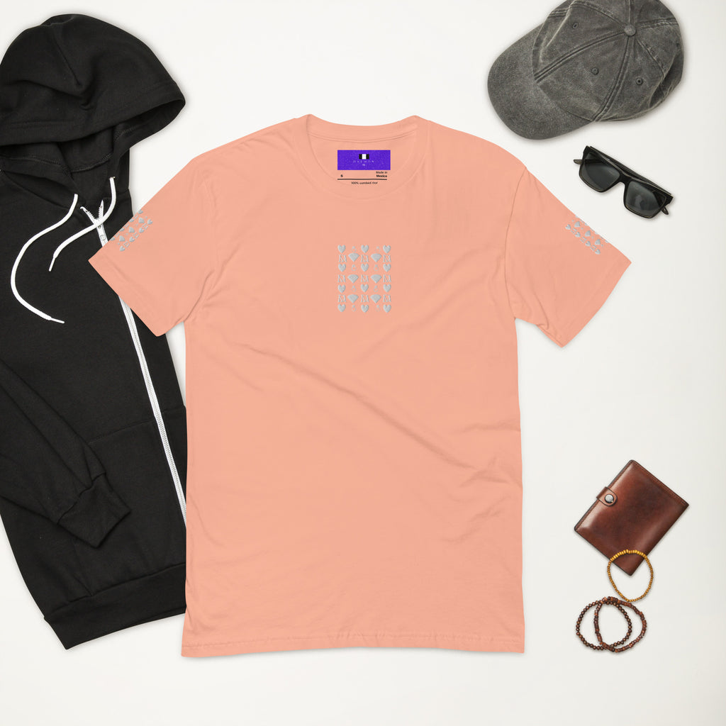 Men's fitted T-shirt in desert pink with frosted diamond royal design by Daemon Luxury, front view showing stylish casual fit.