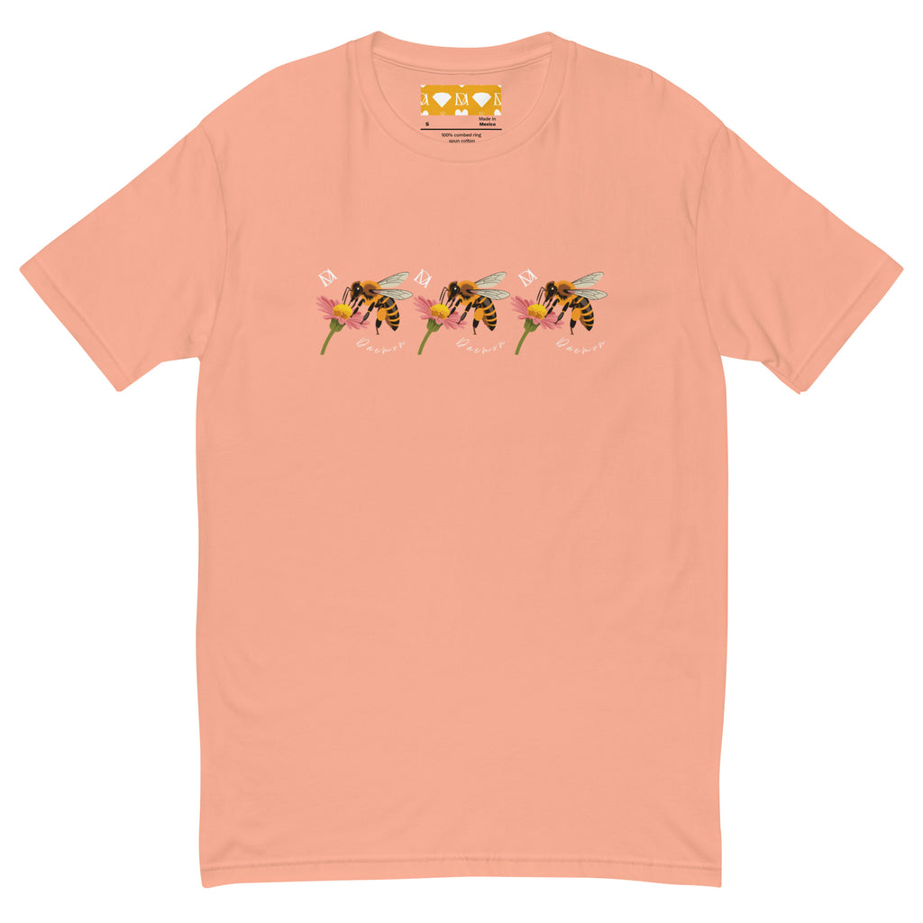 Men's fitted T-shirt in desert pink featuring Honeybee California Sunset Seed design by Daemon Luxury, front view.
