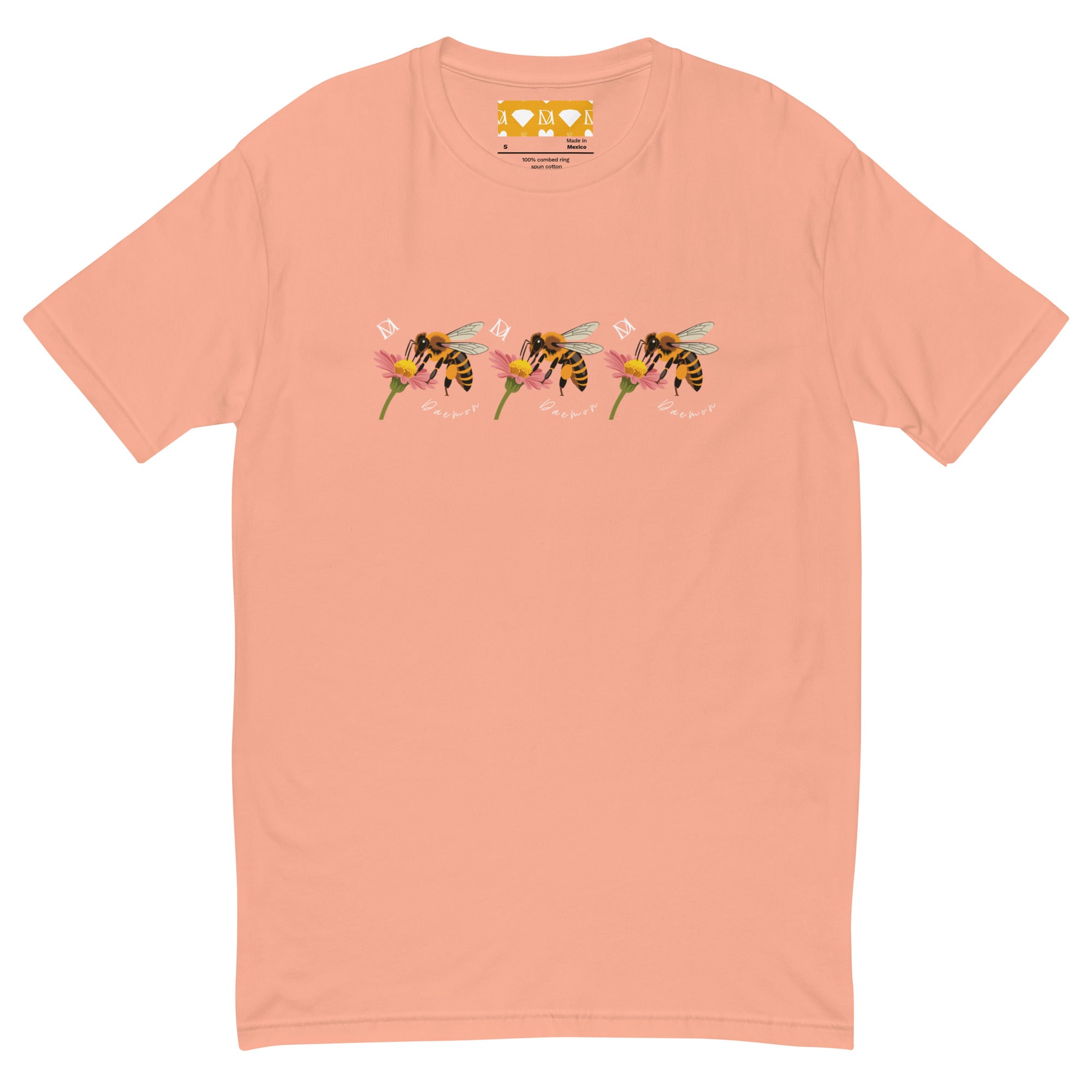 Men's fitted T-shirt in desert pink featuring Honeybee California Sunset Seed design by Daemon Luxury, front view.
