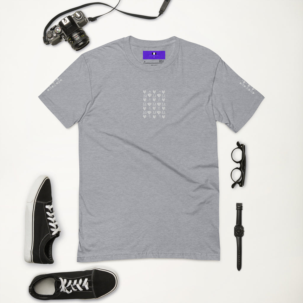 Heather grey men's fitted T-shirt featuring Frosted Diamonds Royalty design by Daemon Luxury, front view showing stylish graphic detail.