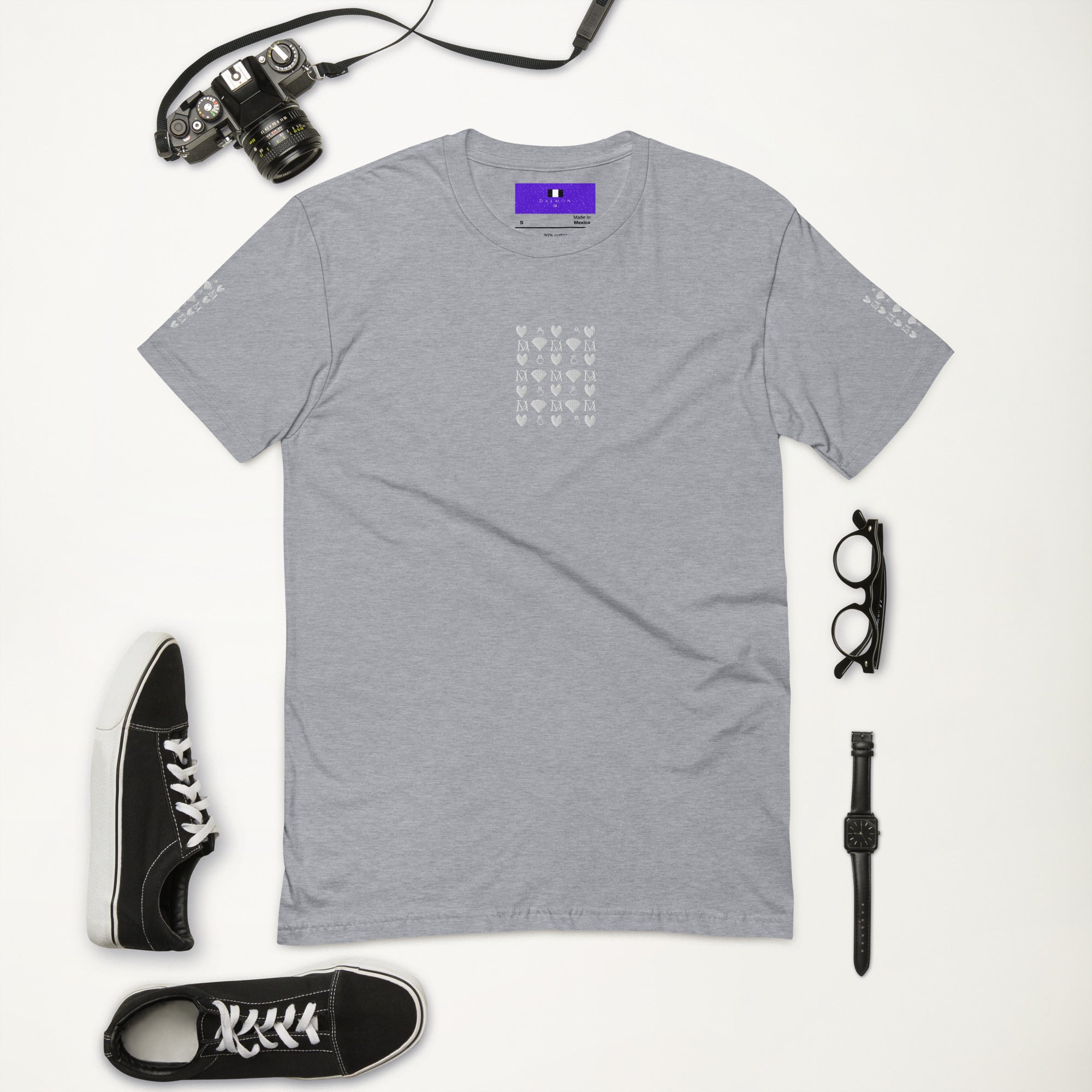 Heather grey men's fitted T-shirt featuring Frosted Diamonds Royalty design by Daemon Luxury, front view showing stylish graphic detail.