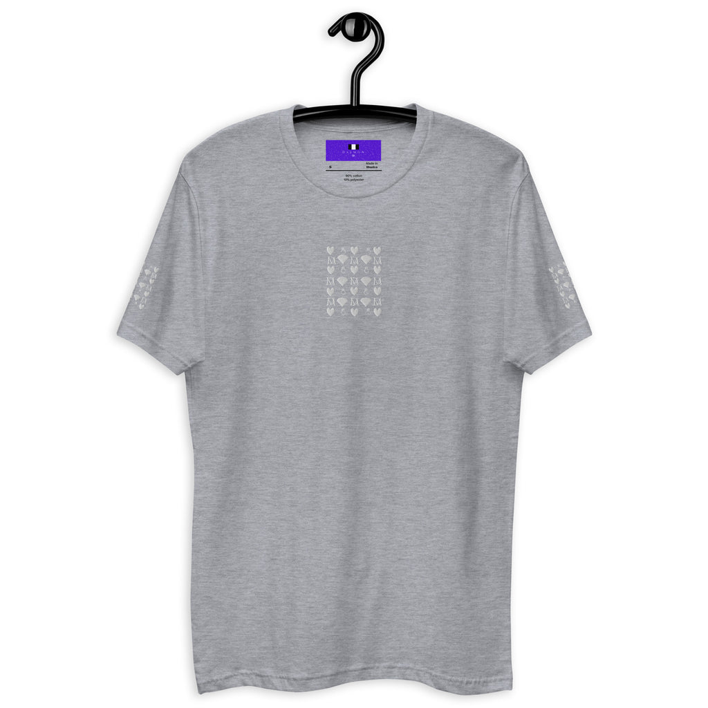 Men's fitted heather grey t-shirt featuring Frosted Diamonds Royalty design by Daemon Luxury, front view.