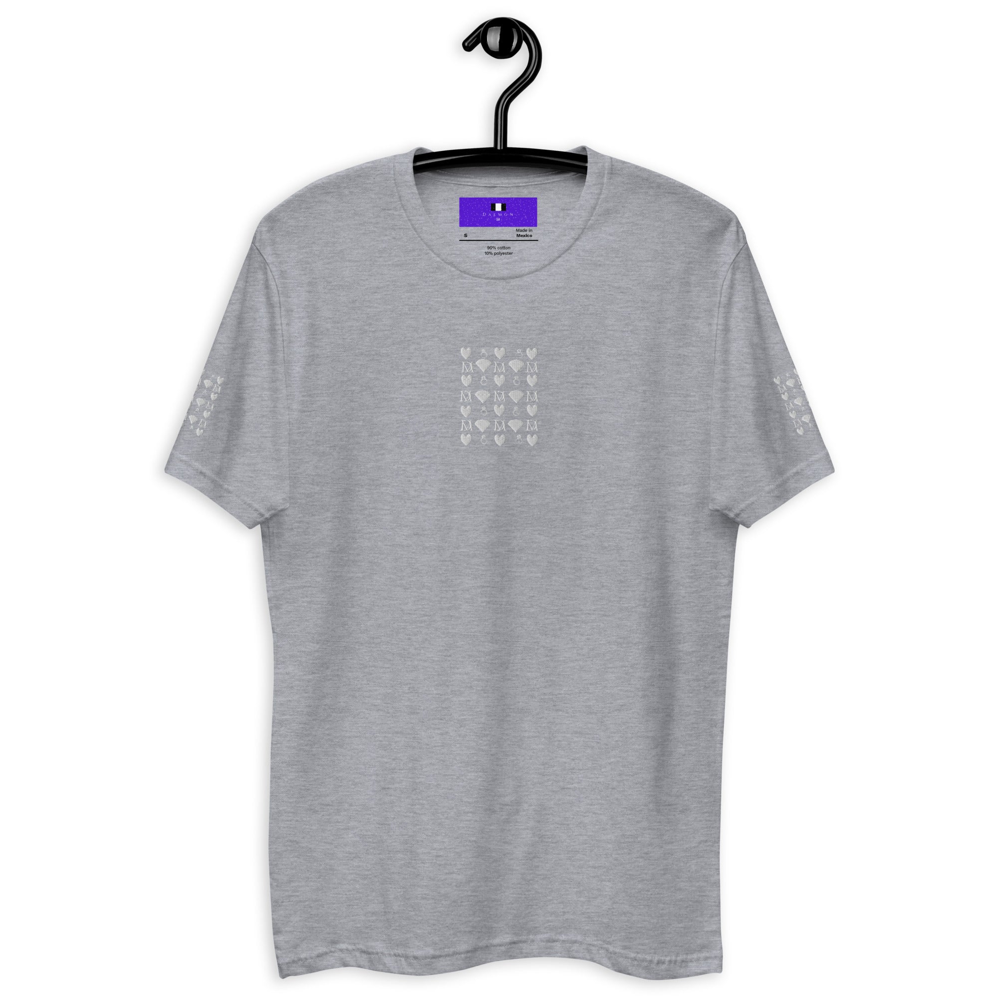 Men's fitted heather grey t-shirt featuring Frosted Diamonds Royalty design by Daemon Luxury, front view.