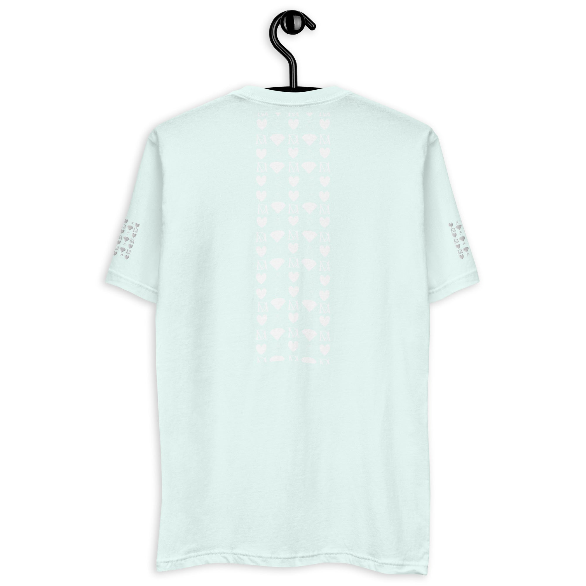 Light blue men's fitted T-shirt from Daemon Luxury featuring frosted diamond royal print on the back.