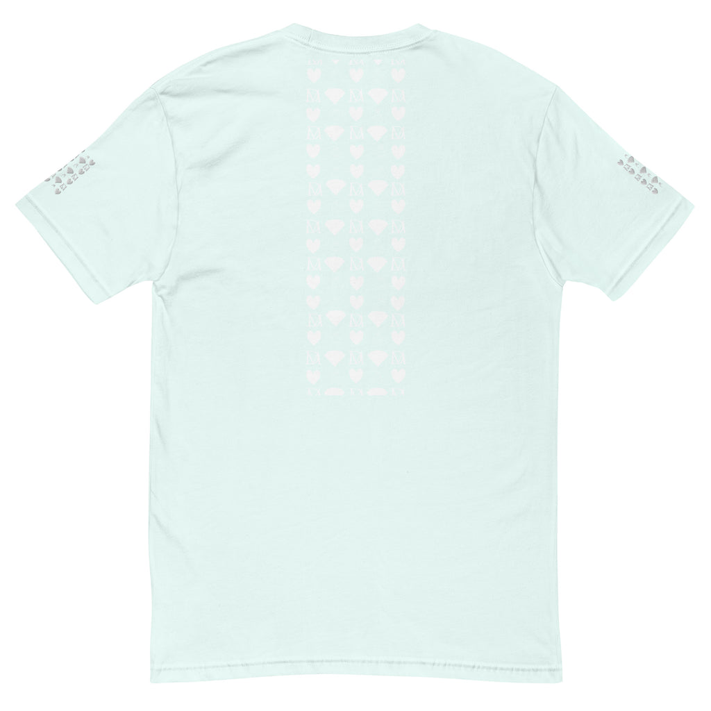 Light blue men's fitted T-shirt from Daemon Luxury featuring frosted diamond royal design on the back.