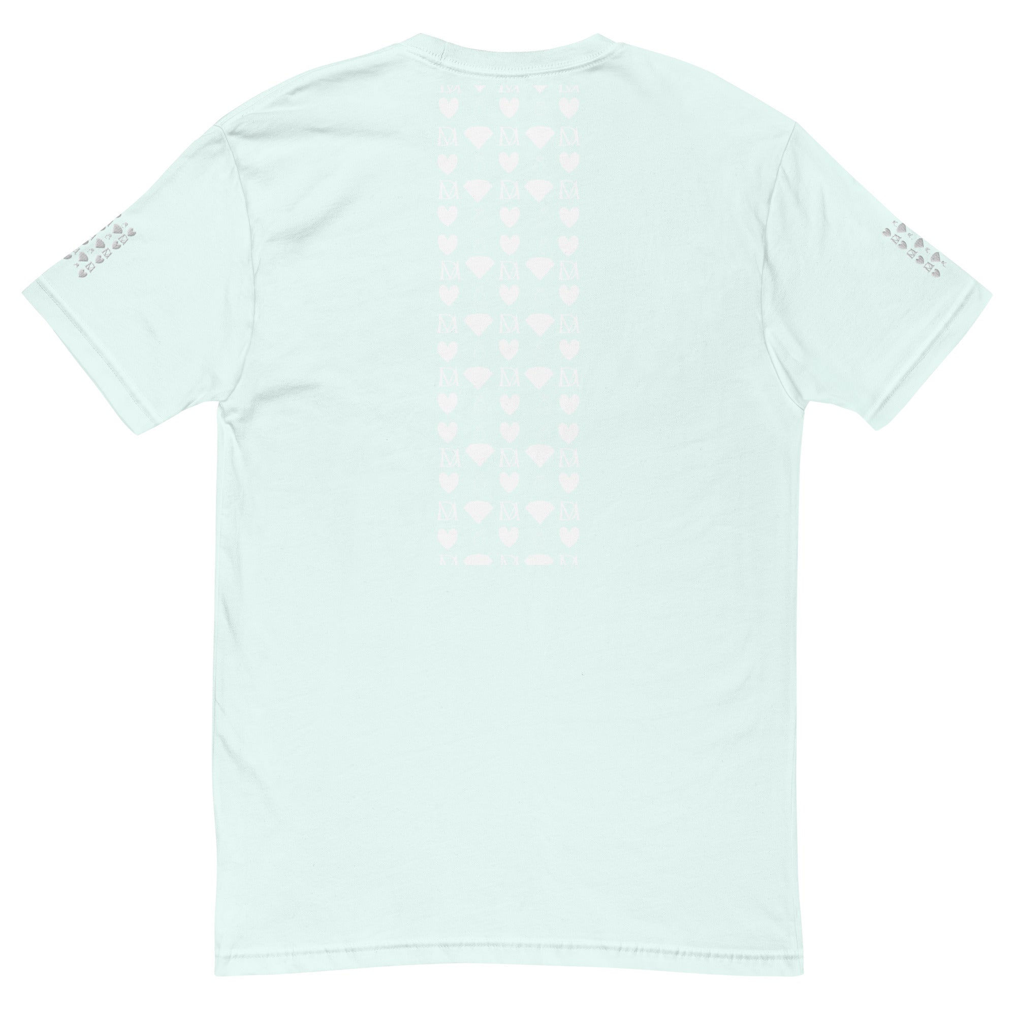 Light blue men's fitted T-shirt from Daemon Luxury featuring frosted diamond royal design on the back.