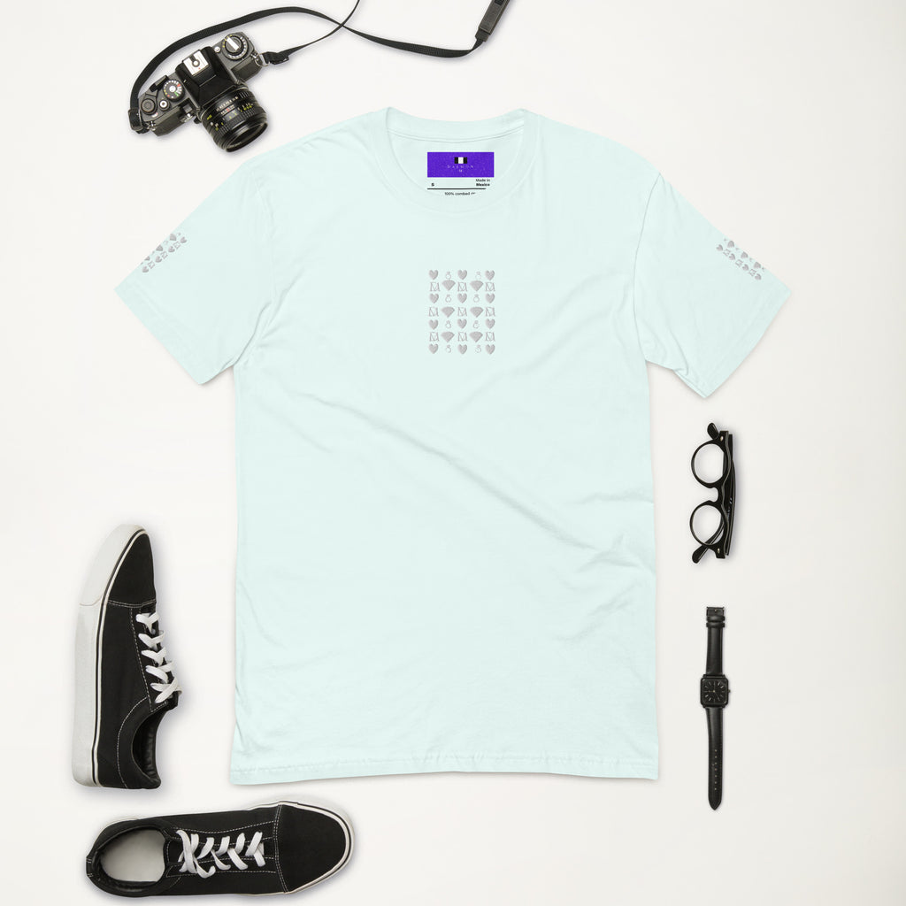 Light blue men's fitted T-shirt from Daemon Luxury featuring Frosted Diamonds Royalty design on the front.