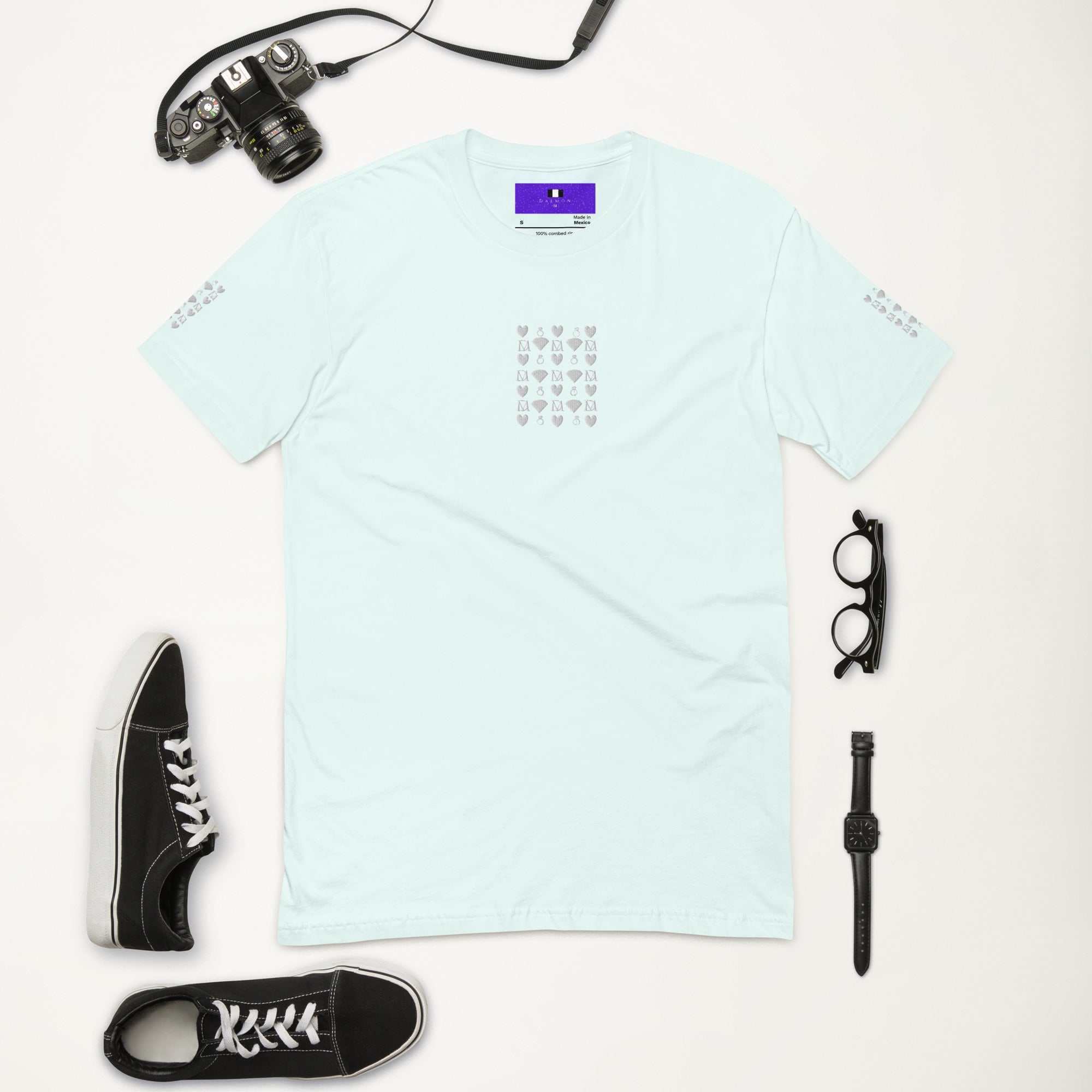 Light blue men's fitted T-shirt from Daemon Luxury featuring Frosted Diamonds Royalty design on the front.