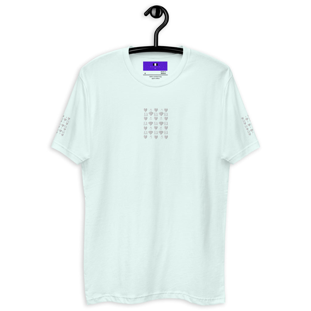 Light blue men's fitted T-shirt from Daemon Luxury featuring frosted diamond royal embroidery on the front.