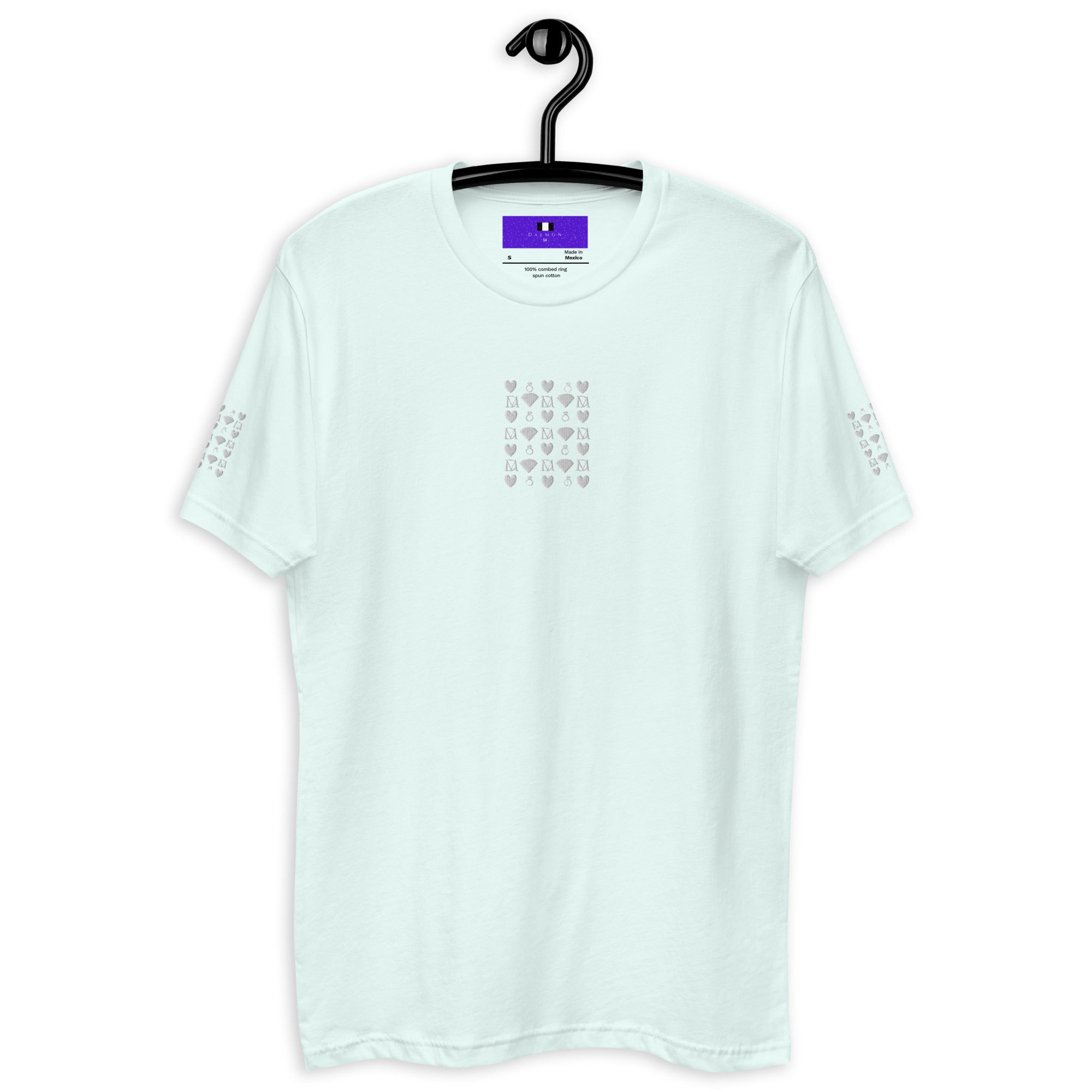 Light blue men's fitted T-shirt from Daemon Luxury featuring frosted diamond royal embroidery on the front.