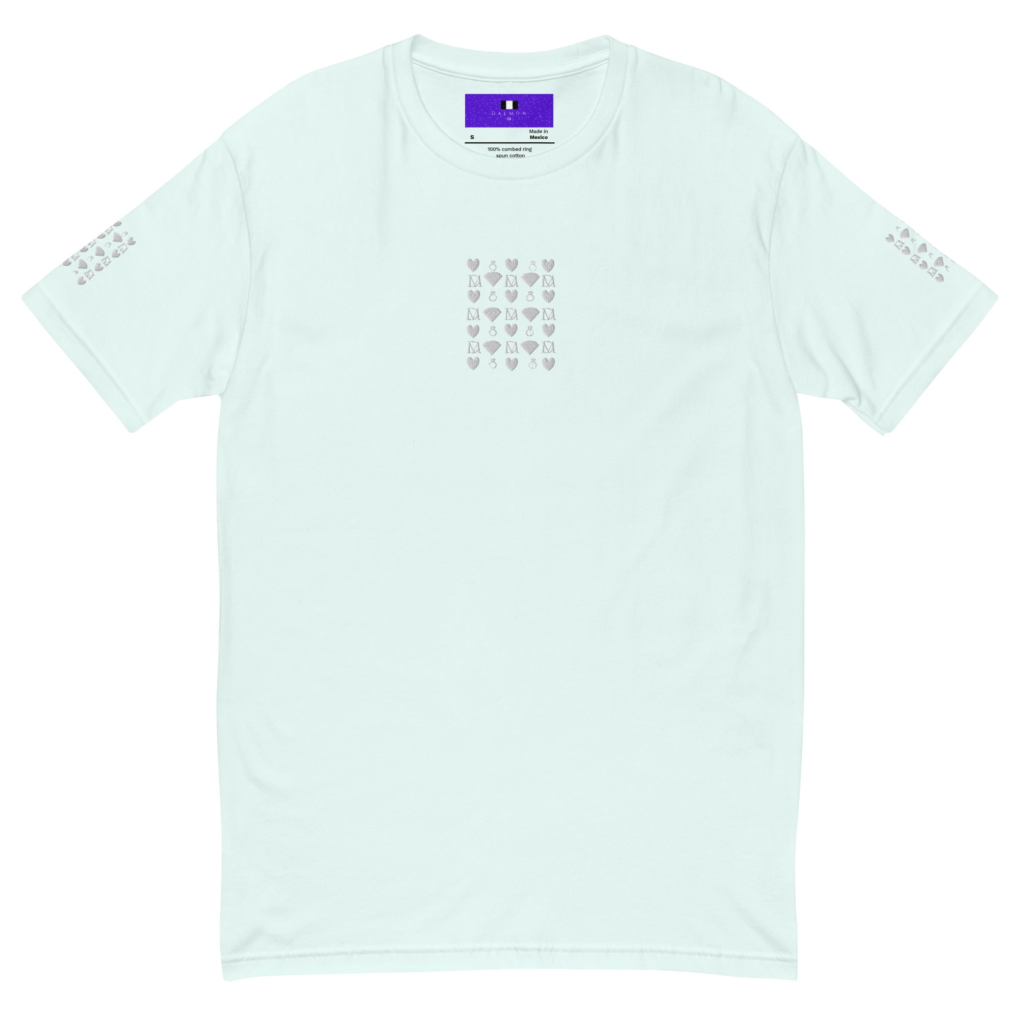 Light blue men's fitted T-shirt from Daemon Luxury with frosted diamond royalty graphic on front.