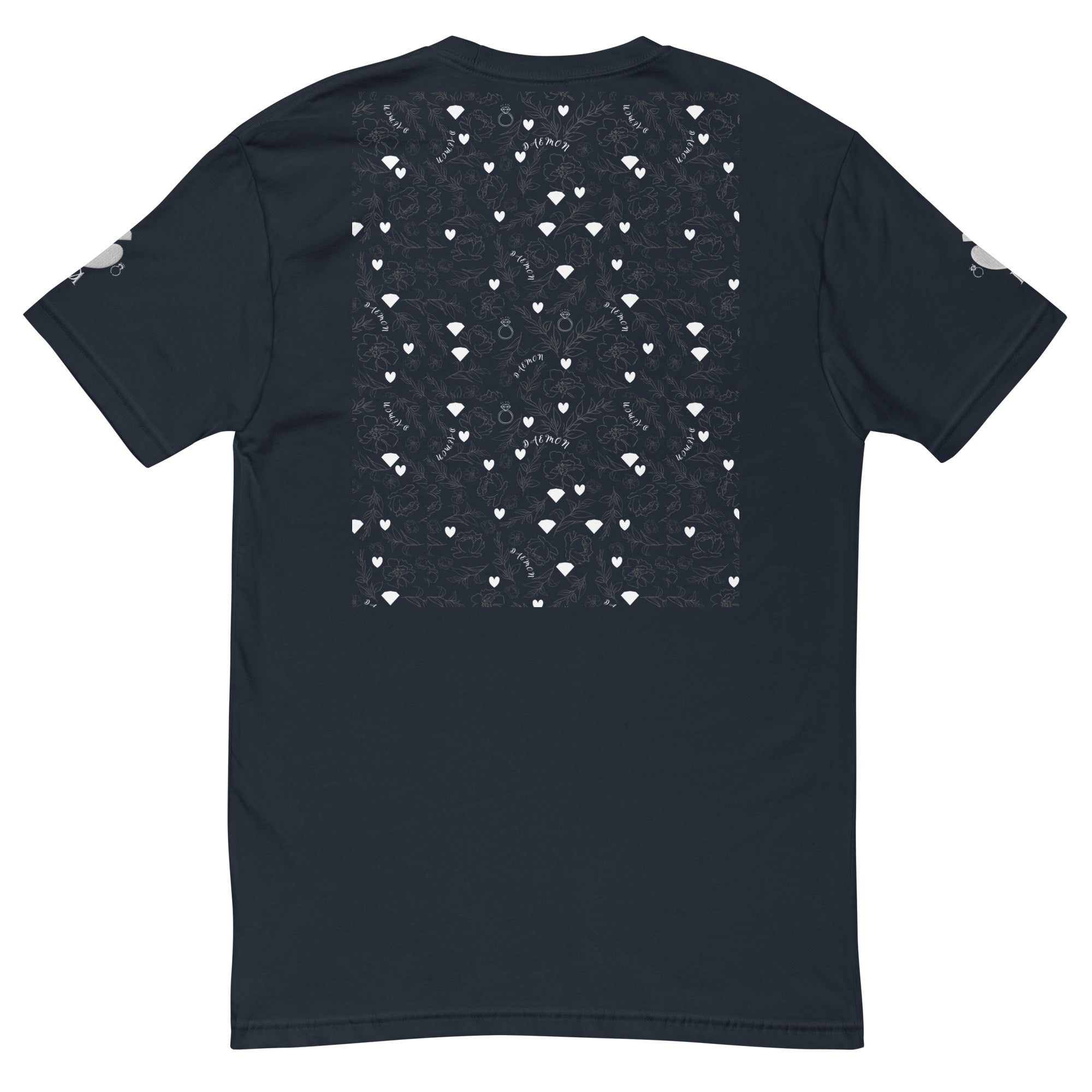 Men's fitted midnight navy T-shirt from Daemon Luxury's Florette Rebirth collection, featuring a stylish back design.