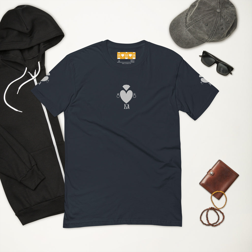 Men's fitted T-shirt by Daemon Luxury in midnight navy with a front design featuring Florette Rebirth and Premio il Man.