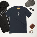 Men's fitted T-shirt by Daemon Luxury in midnight navy with a front design featuring Florette Rebirth and Premio il Man.