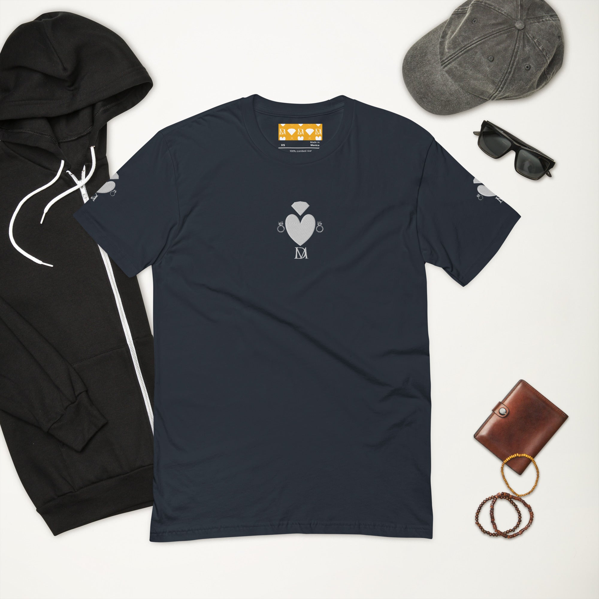 Men's fitted T-shirt by Daemon Luxury in midnight navy with a front design featuring Florette Rebirth and Premio il Man.