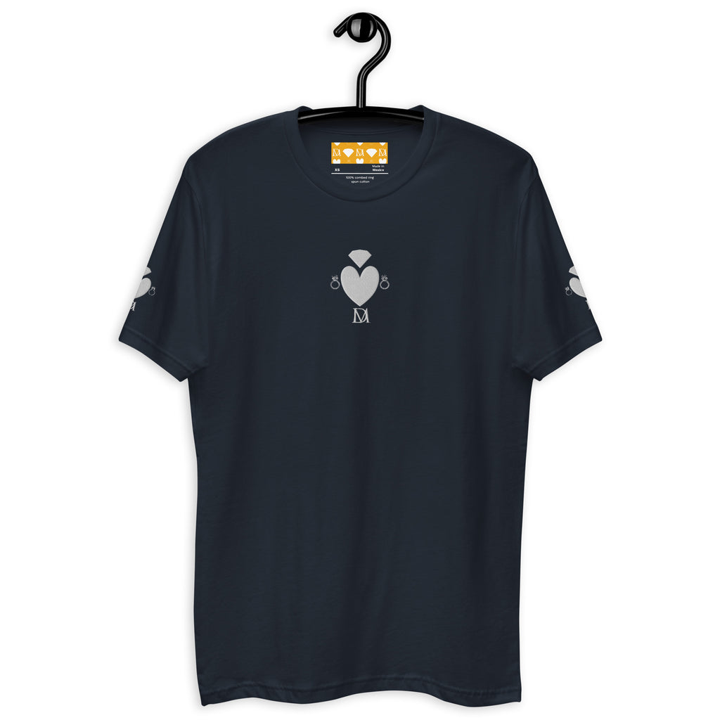Men's fitted midnight navy T-shirt from Daemon Luxury's Florette Rebirth collection, front view showing sleek design.