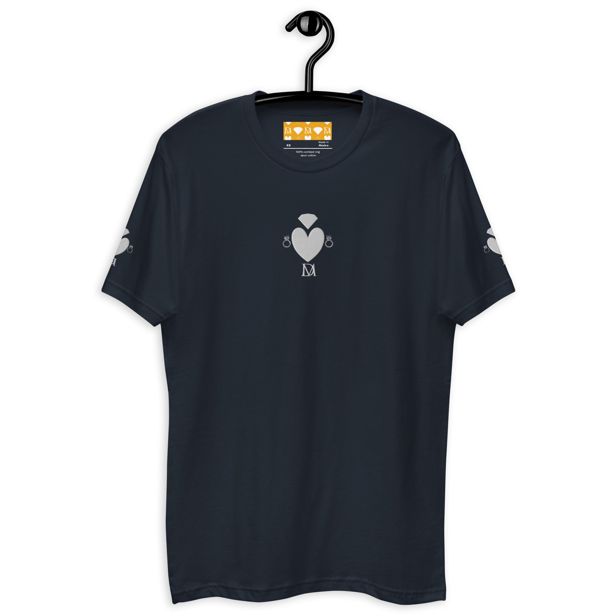 Men's fitted midnight navy T-shirt from Daemon Luxury's Florette Rebirth collection, front view showing sleek design.