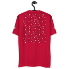 Red men's fitted T-shirt with "Florette Rebirth" and "Premio il Man" text, from Daemon Luxury, shown from the back.