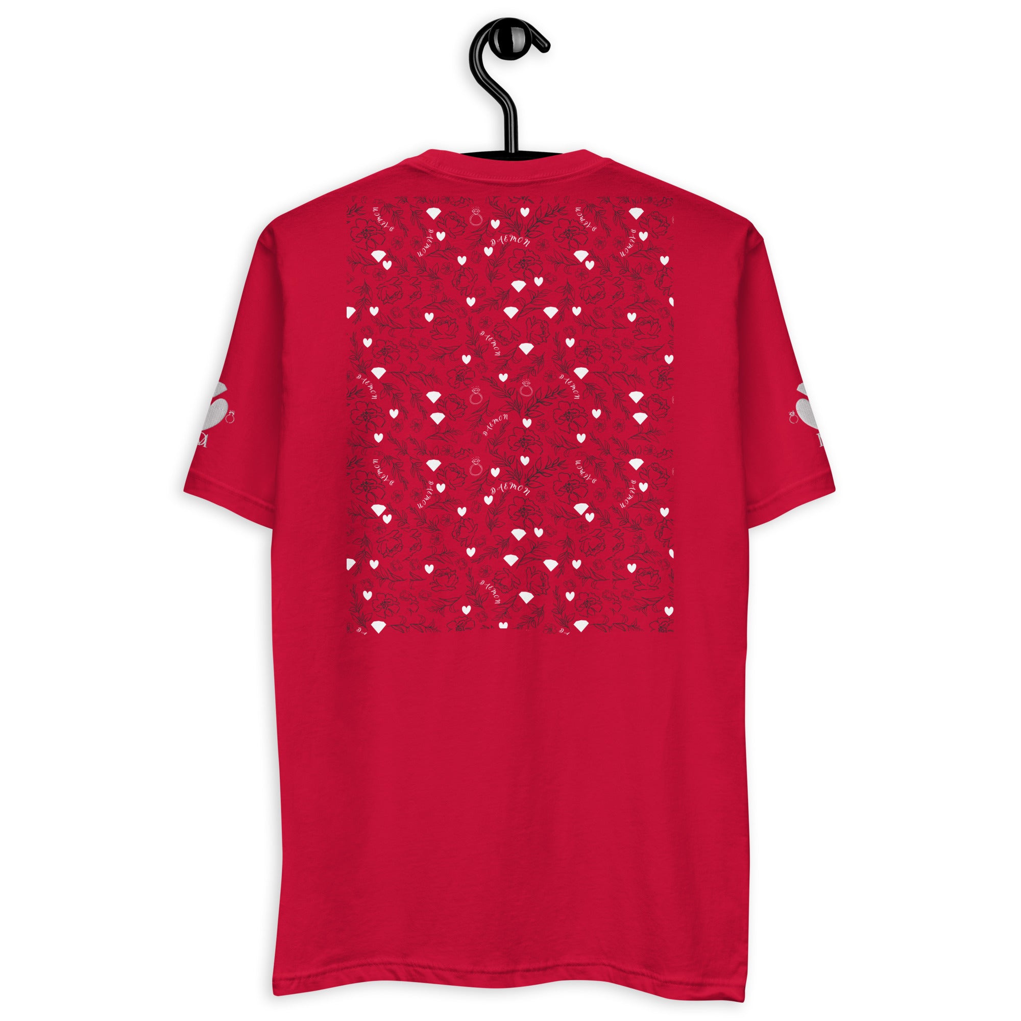 Red men's fitted T-shirt with "Florette Rebirth" and "Premio il Man" text, from Daemon Luxury, shown from the back.